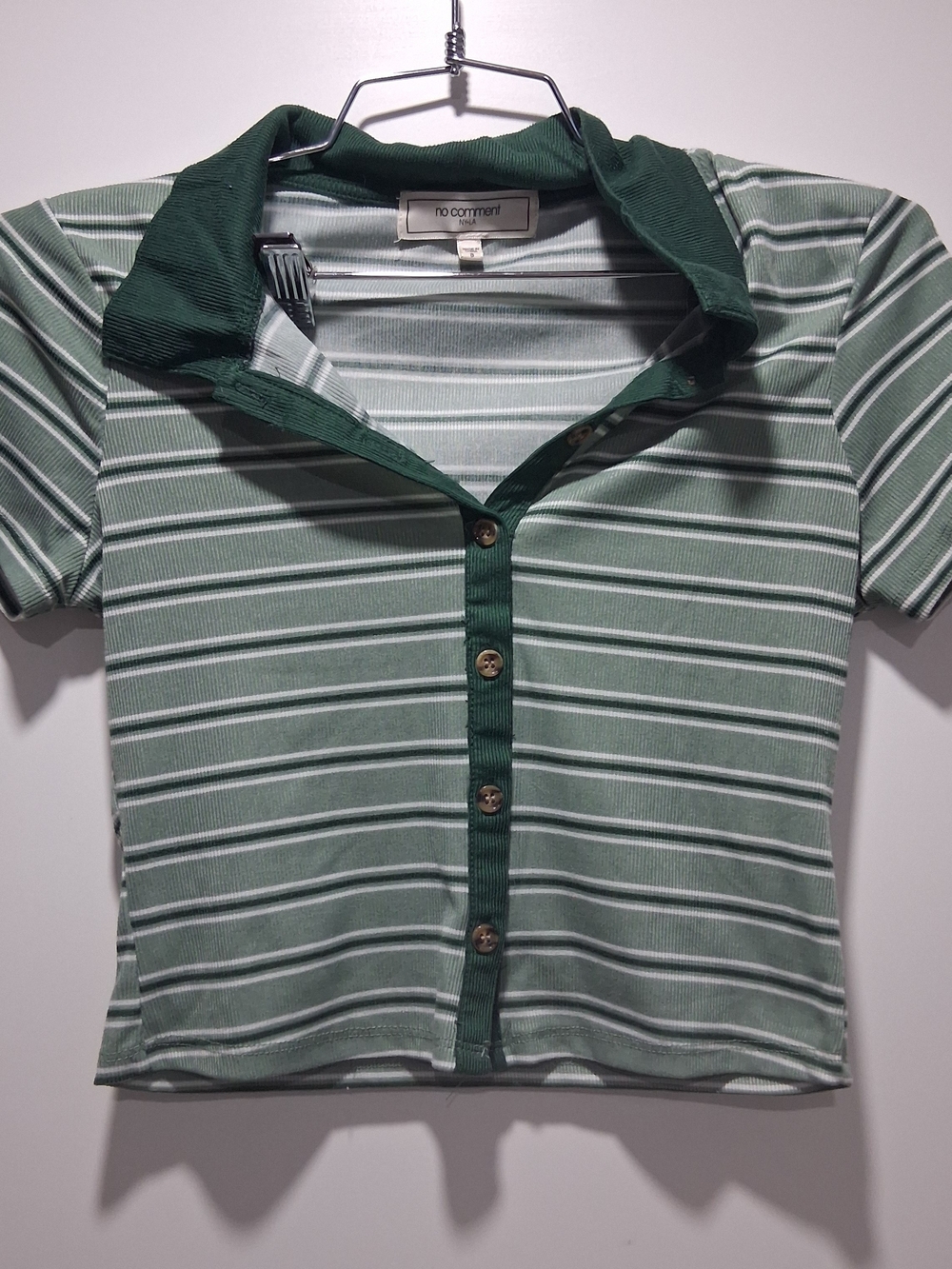 No Comment Green Striped Polo Crop Top S